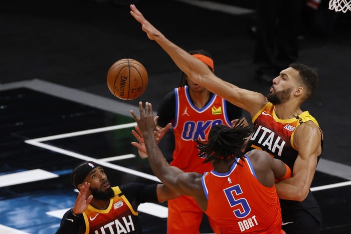 Rudy Gobert (27) goes for a block against the Oklahoma City Thunder